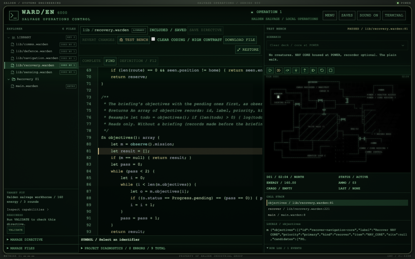 The Workbench maximised with the test bench open: the stopped line highlighted in a library module, the call stack three frames deep, the frame's locals holding the briefing, and the scenario map beside the source.