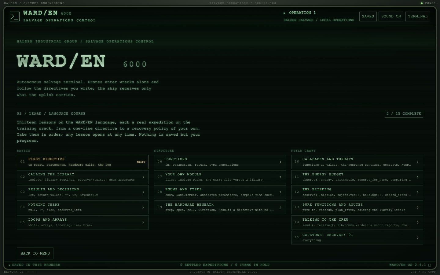 The front menu's language course panel: fifteen lessons in three tiers.