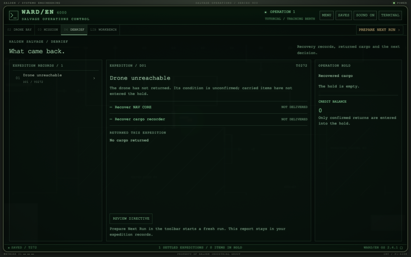 The Debrief station: the expedition report, cargo delivered, objectives and the map recovered from the wreck.