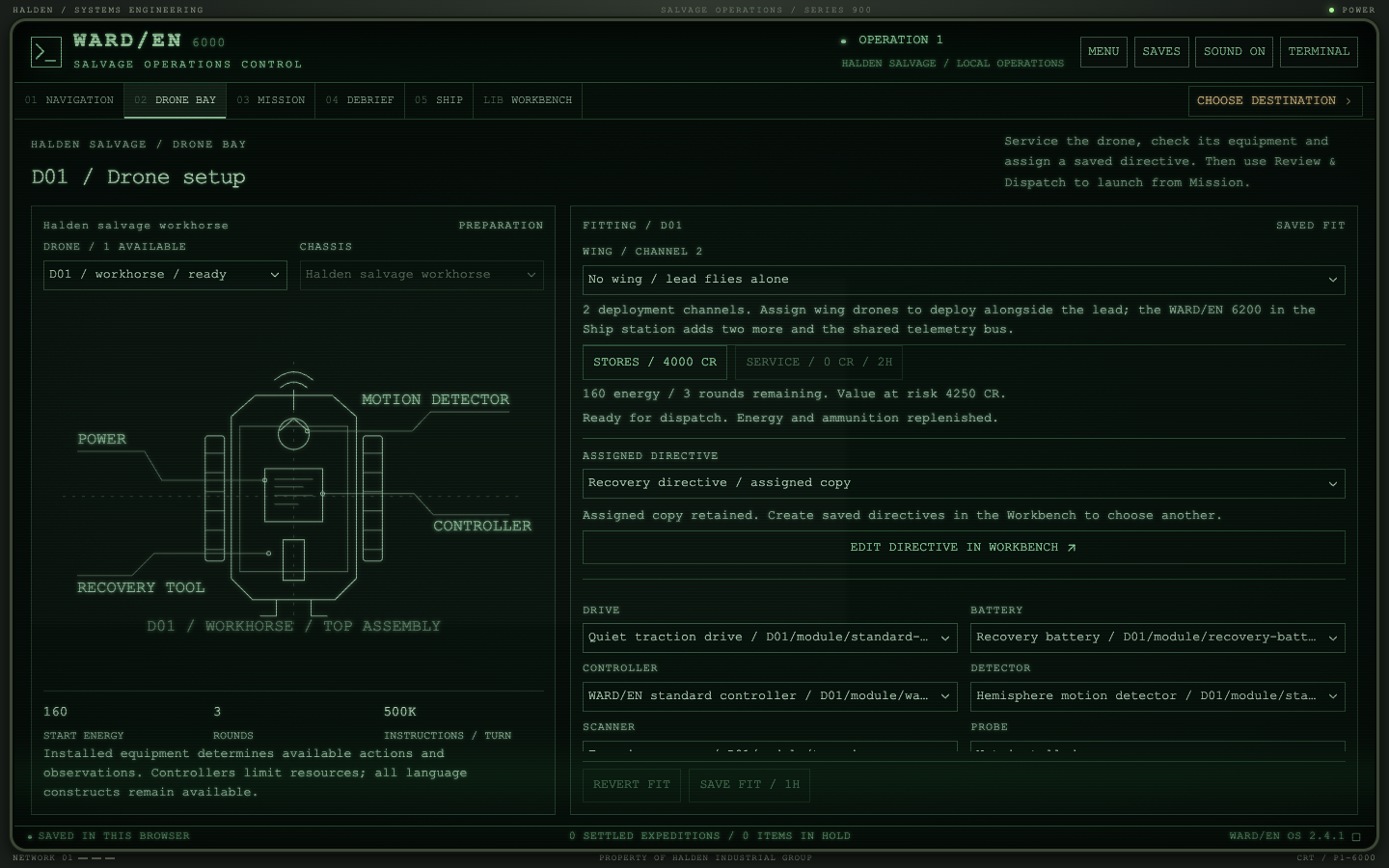 The Drone Bay: a large drone diagram, the fitted modules, stores and the assigned directive.