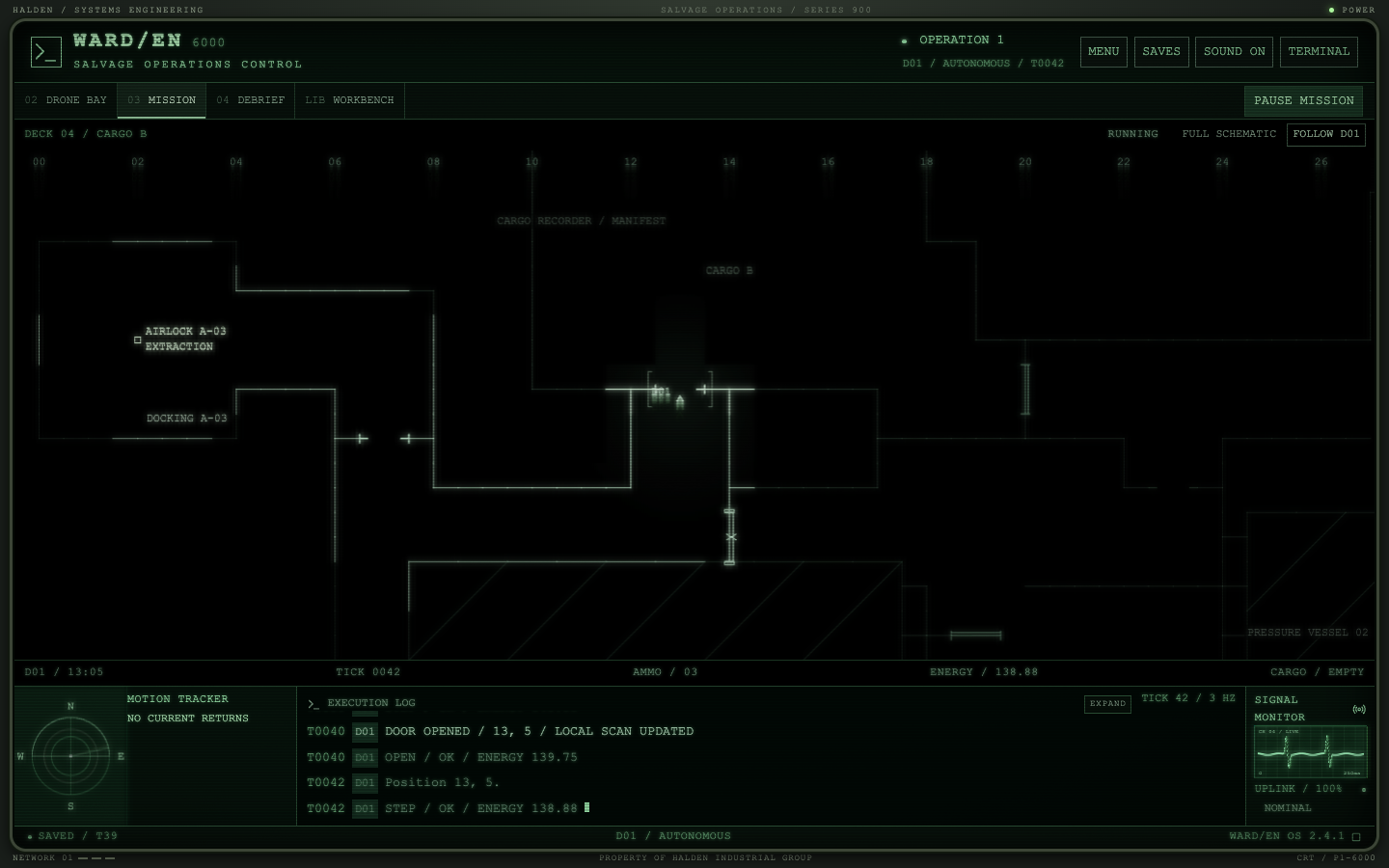 The Mission station: a deck schematic drawn as thin phosphor lines, the drone mid-corridor, the motion tracker, the execution log and the signal monitor.