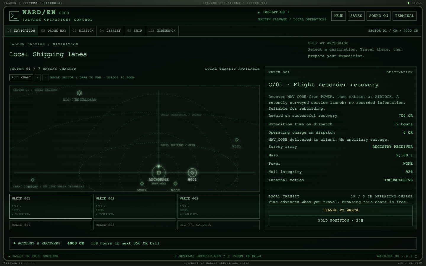 The Navigation station: a sector chart with charted wrecks, the ship at anchorage, and a contract dossier.