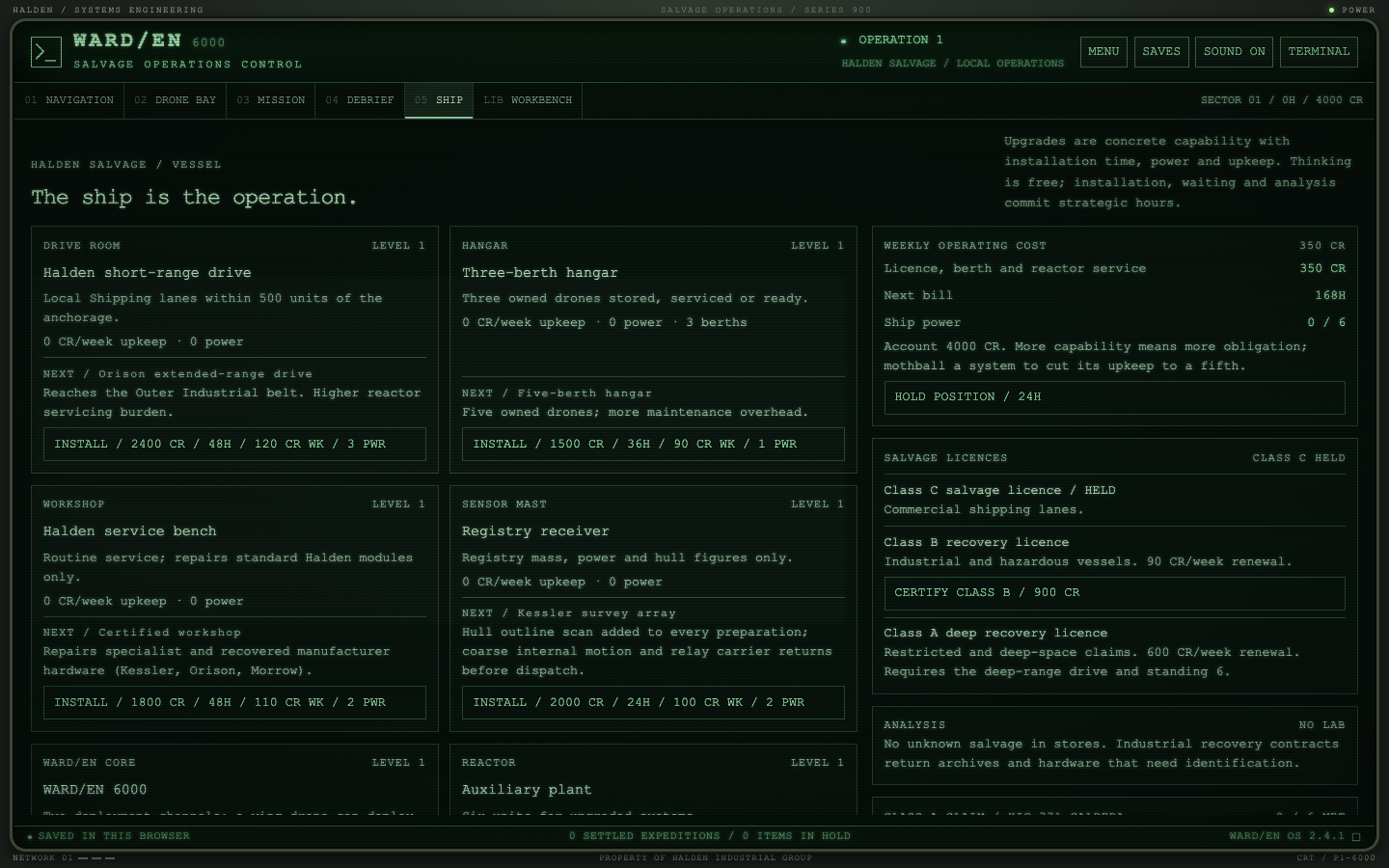 The Ship station: installed systems, licences, salvage analysis and the flagship claim.