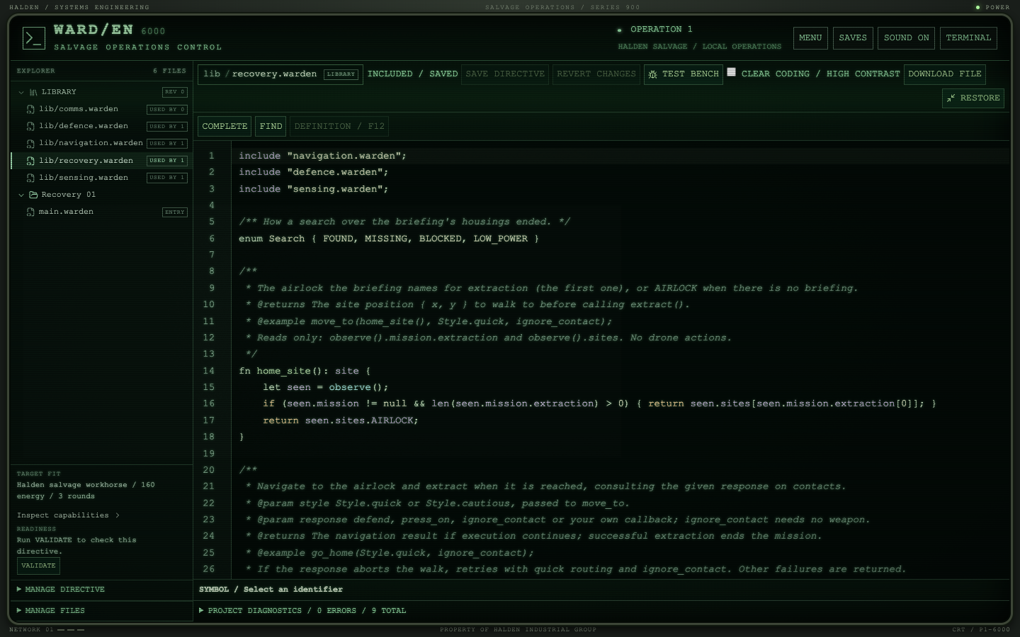 The Workbench maximised: the explorer with the operation's shared library above the directive, and the source editor on a library module.
